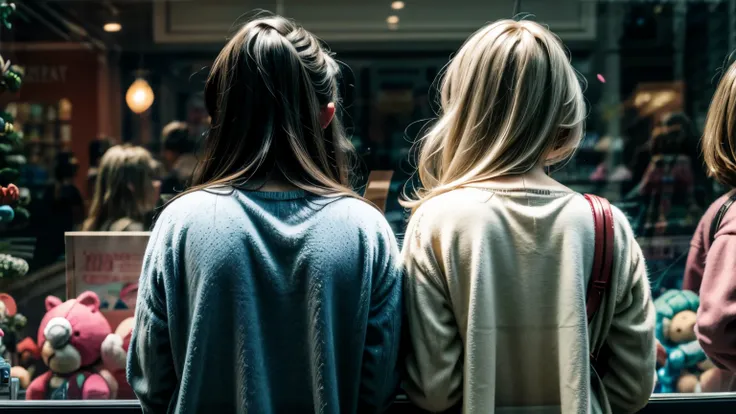 beautiful bimbos in front of Toy Store Window Display, back view from behind