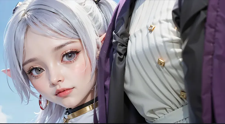 look down、look away：1.5、silver hair：1.2、purple hair、red earrings：1.2、dark green eyes：1.5、Questioning look、20-year-old、woman：1.1、white clothes、high elf：1.2、elf ears、twin tails、fine hair、movie writing、(highest quality, 8K, 32K, pieces fly, ticker:1.2)