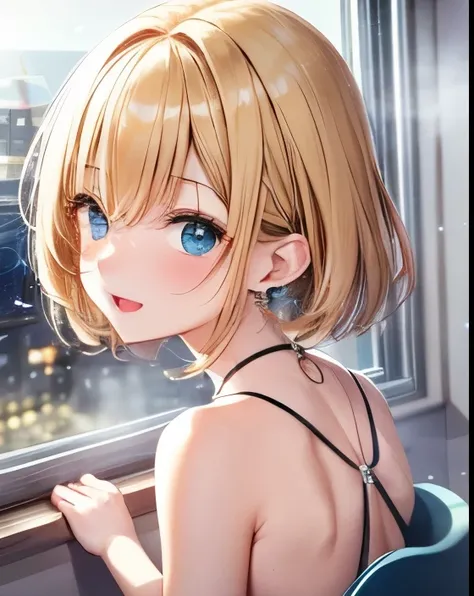 absurderes, ultra-detailliert,bright colour, extremely beautiful detailed anime face and eyes,Indoors, gaze at the audience,(You can see the starry sky from the window:1.2),(Pleasant face:1.4), bow ribbon, window,浴室、Wash your body in the shower,Chair,Hide ...