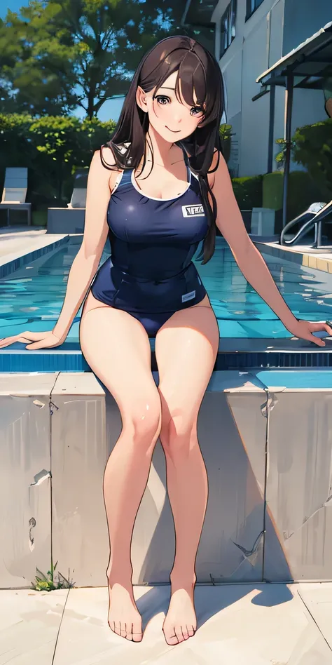 (Masterpiece, finely detailed beautiful eyes: 1.2), super detail, illustration, 2 girls, detailed background, school swimsuit, after school, poolside, smile, full body portrait