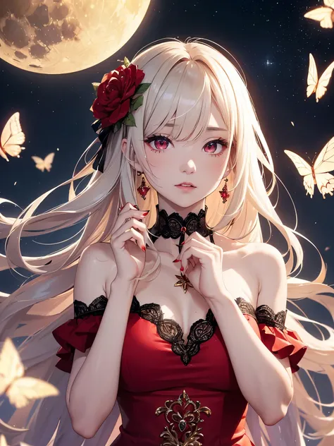 ((最好的质量)), ((杰作)), (详细的), 完美的脸 ,loli,white long glowing hair,red eyes,(jewelry),lolita,gothic,star in the eyes,lace,((bare shoulders)),(detailed red dress),(hair flower),a huge golden full moon,make up,lipstick,(looking at viewer),little butterflies,(((dre...