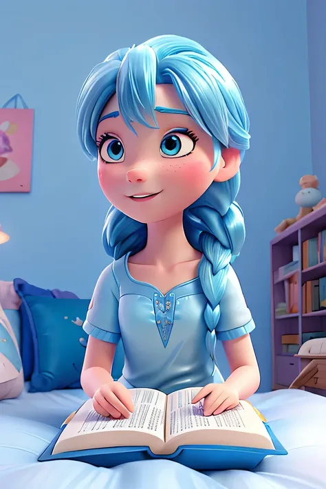 3D art like "Frozen", one girl with light blue hair, is lying on her bed and reading books