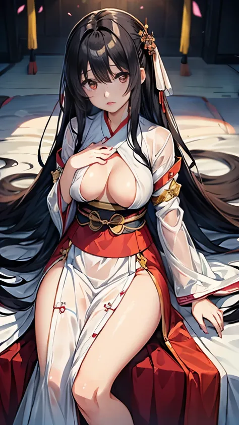 (masterpiece:1.2, beautiful, aesthetic), (Anime style:1.5)，4K,ambient soft lighting, 4K, perfect eyes, perfect face, perfect lighting, 1girl,black hair, ((exposed breasts:1.3)), glowing eyes, hair between eyes, lips, long hair, looking at viewer,parted lip...