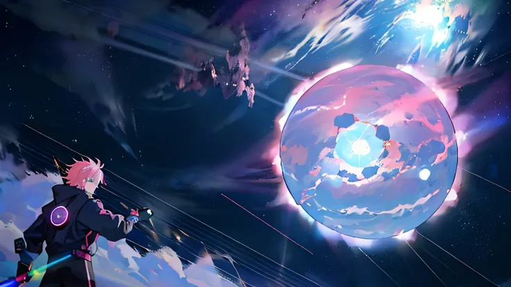 anime scene of a man in a black jacket and a pink and green orb, dyson sphere program pink planet, dyson sphere in space, photo of a dyson sphere, floating!!! in a nebula, spaceengine, endless cosmos in the background, starfield in background, floating in ...