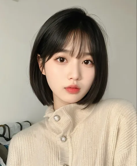 黑色short hair和毛衣的菲德亚洲女人, short hair, urzan, 🤤 girl portrait, short hair with bangs, 年轻cute korean face, she has black hair，have b...