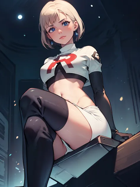 warMercedes, short hair, earings ,glossy lips ,team rocket uniform, red letter R, white skirt,white crop top,black thigh-high boots, black elbow gloves, sinister villianess look, looking down on viewer, sitting ,crossed legs, night sky background