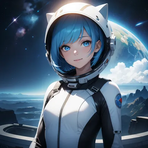 (8k, HDR, RAW photo, best quality, masterpiece:1.2, realistic lighting), full body view, girl floating in outer space, solo, (thin face), realistic beautiful face, very detailed face, smile, (bob cuts hair), ((sky blue hair)), path traced hair, (sky blue c...