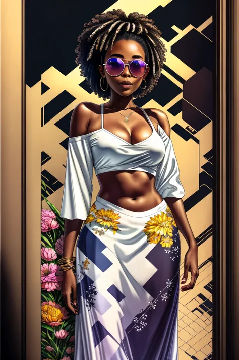 "Full body, water colors, ink drawing, beautiful cyberpunk Sudanese woman, wearing smart digital sunglasses, clean defined delicate features, stylish bohemian top and long skirt, floral background, in the style of Afrofuturism