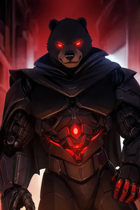 (character) anthro cyborg black bear with mostly mechanical body (excluding head) and red glowing eyes, bulky build, wearing bla...