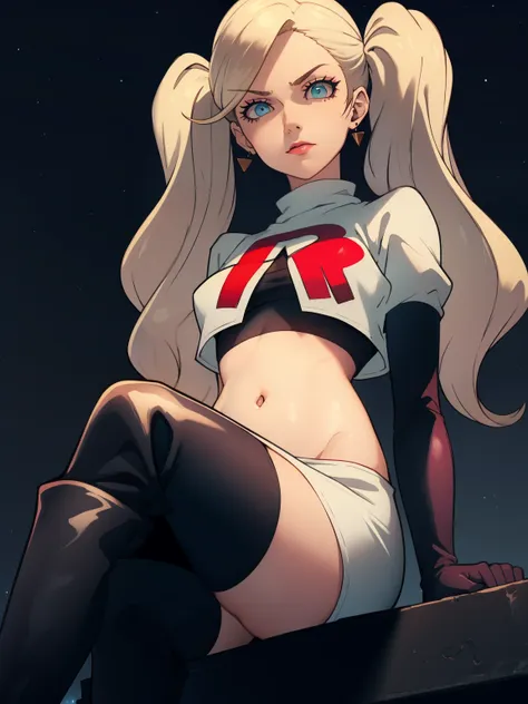 anntak, twintails, blue eyes, blonde hair  ,earrings ,lipstick, eye shadow ,team rocket uniform, red letter r, white skirt,white...