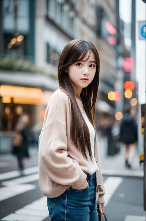 Young woman standing on the street, blur background, beautiful, realistic