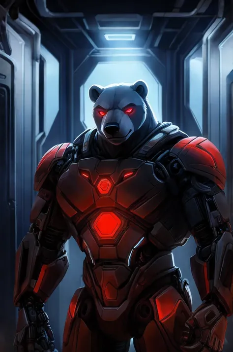 (character) Anthro cyborg black bear with mostly mechanical body (excluding head) with metal faceplates and red glowing eyes, staring at organic anthro polar bear intently.