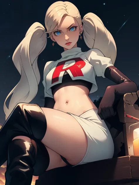 AnnTak, twintails, blue eyes, blonde hair  ,earrings ,lipstick, eye shadow ,team rocket uniform, red letter R, white skirt,white crop top,black thigh-high boots, black elbow gloves, evil villianess look, looking down on viewer, sitting ,crossed legged, nig...