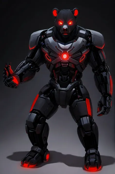 (character) anthro cyborg black bear with mostly mechanical body, organic head with faceplates and red glowing eyes.