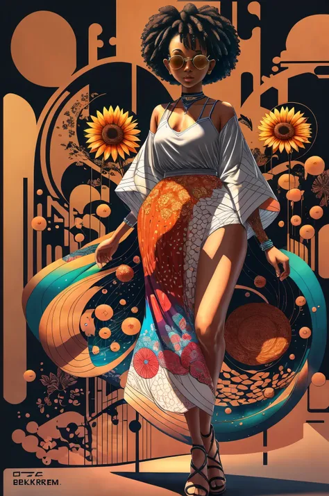 "Full body, vibrant water colors, ink drawing, beautiful cyberpunk Sudanese woman, wearing smart digital sunglasses, clean defined delicate features, stylish bohemian top and long skirt, colorful floral background, in the style of Afrofuturism