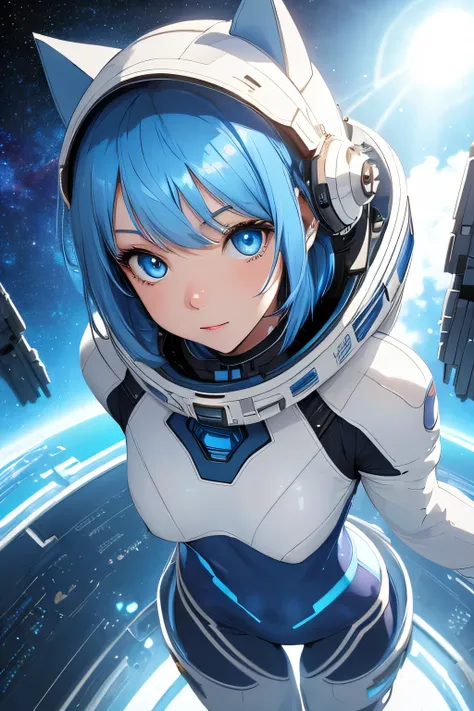 (8k, HDR, RAW photo, best quality, masterpiece:1.2, realistic lighting), overhead view, dynamic angle, girl fly in the space, solo, (thin face), realistic beautiful face, very detailed face, poker face, (bob cuts hair), ((sky blue hair)), path traced hair,...