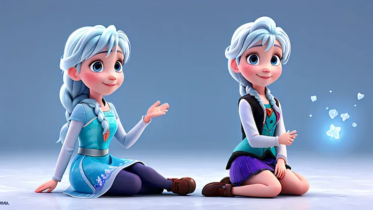 3d art like "frozen", a girl is sitting, smiling and waving her hand