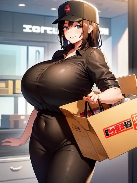 Delivery truck of Yamazaki Baking Co., Ltd.、driver adult woman、kindly smile,huge busty,digital anime art,