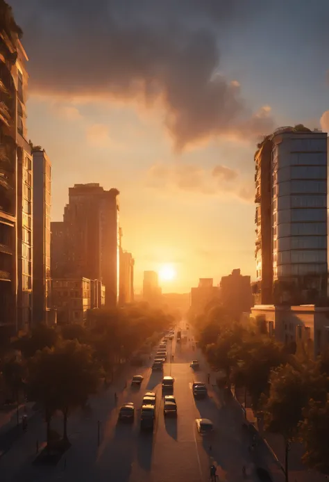 small city, sunset, yellow sky, buildings, 8k,CG,hyper-realistic