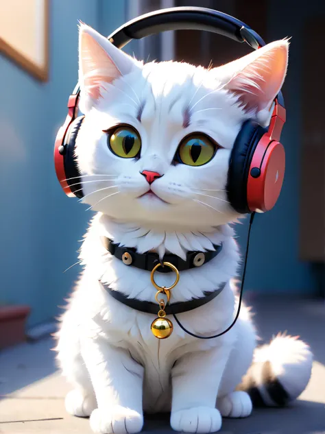 a cute cat with headphones, chunky cat collar with a bell, well composed, detailed, art by artgerm and Lois van baarle and Ilya kuvshinov