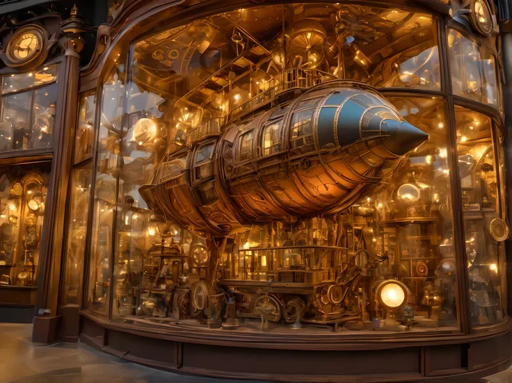 Photography of a mesmerizing game store window display, featuring a steampunk-inspired world filled with intricate machinery and Victorian aesthetics. The display showcases airships, clockwork contraptions, and mechanical creatures, all intricately designe...