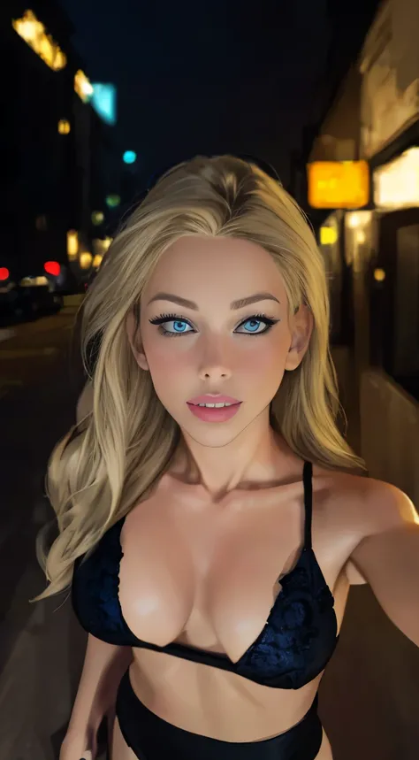 (selfie, top view: 1.4), (straight half of the body: 1.4), RAW UHD portrait photo of a 24-year-old blonde (blue-eyed woman) walking down a dark alley, huge breasts:1.25,, city at night, 