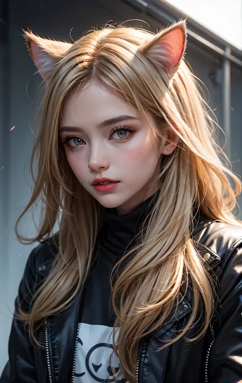 1girl, blond hair,  cat_ears, animal_ears, solo, dark_skin, tan_skin, foggy neon futuristic,  summer jacket, sakura falling, portrait style, looking_at_viewer, cinematic lighting,  eyeliner, makeup, emotional,  highly detailed, wide shot, sharp focus,    r...