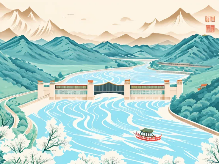 Chinese style, China-Chic, illustration style. Traditional Chinese colors, such as mountain gorges and dams, water embankments and dams, with refreshing new popular illustrations, rivers, mountains, and national style, - ar 3:4-s 200-niii