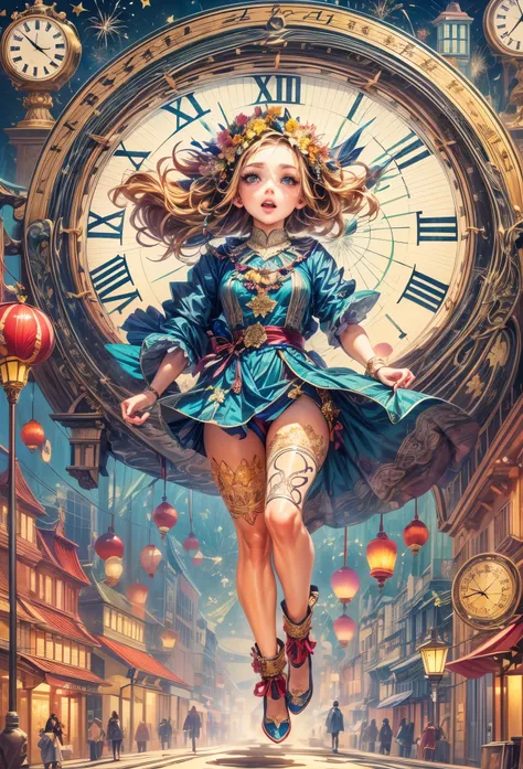 New Year 2024，New Year，Clock hands midnight，flat illustration，flat illustration，(A girl stands on top of a super big clock and runs forward，eyes on the audience:1.5)，(anatomically correct, Exquisite face makeup , pretty face, Perfect face proportions，golde...