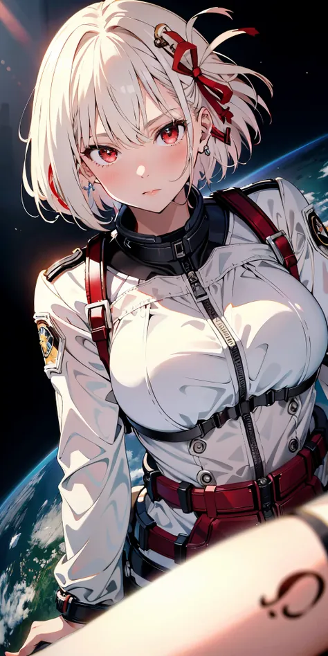 ridiculous resolution, high resolution, (masterpiece: 1.4), super detailed, 1 girl, seen from above in spacesuit, space, floating, Wide angle lens distortion, platinum blonde, medium hair, red eyes