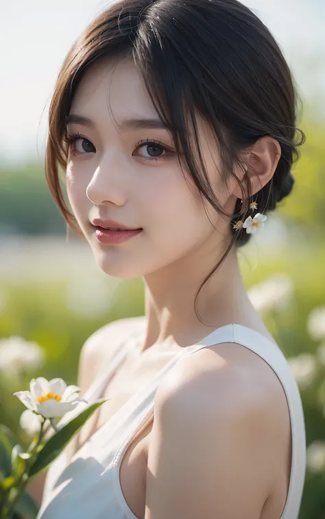 Upper body、avert your eyes、young beautiful japanese woman, gentle features、super cute face、glossy lips、double eyelids in both eyes、natural makeup, smile, long eyelashes are bright, Short bob hair tweeny smooth light brown hair、hair swaying in the wind, asy...