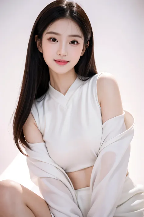 1 girl, award winning portrait, Smile， Idol face, exquisite girl，Sweet Chinese girl，pink lips（（White background）），looking at the audience，South Korea , Long, soft hair , delicate face , Bright lips , gentle curves , Clothes to keep out the cold , White bac...