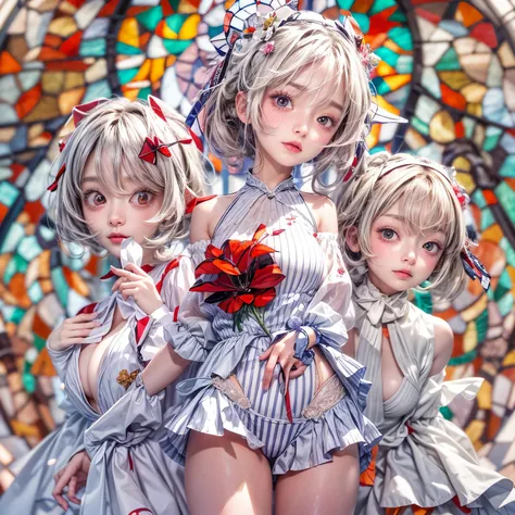 White and Red, Masterpiece, (physically-based rendering with ultra-detailed, (realistic and (photorealistic:1.37) with touch of rawness), Acutance:0.8) . A group of KAWAII girls in Cut-off uniform . (((extremely detailed KAWAII face variations)) with joyfu...