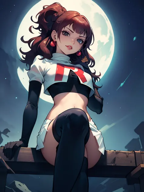 Rise Kujikawa (Persona) ,earrings ,lipstick, eye shadow ,team rocket uniform, red letter R, white skirt,white crop top,black thigh-high boots, black elbow gloves, evil villianess look, looking down on viewer, sitting ,crossed legged, night sky background