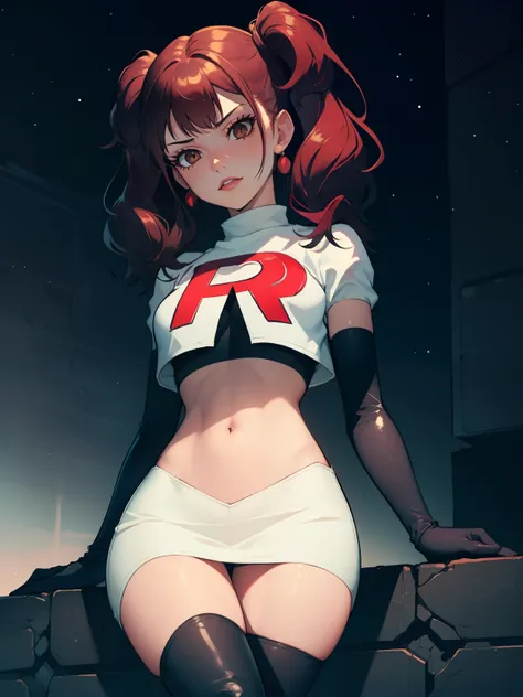 Rise Kujikawa (Persona) ,earrings ,lipstick, eye shadow ,team rocket uniform, red letter R, white skirt,white crop top,black thigh-high boots, black elbow gloves, evil villianess look, looking down on viewer, sitting ,crossed legged, night sky background