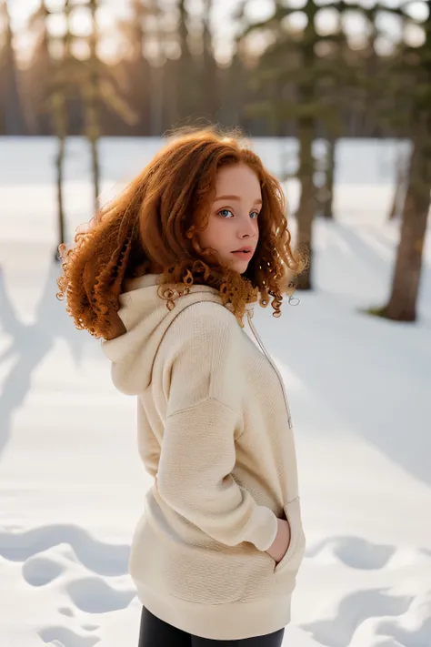 photograph of a woman, textured skin, goosebumps, ginger curly hair, oversized hoodie with leggings and sneakers, profile, winte...