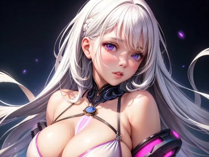 (best quality,realistic),1girl,white hair,purple eyes,glowing eyes,parted lips,blush,bikini,transparent underwear,oversized breasts