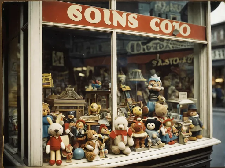 Old photograph from the 1930s., published by the Museum of Historical Photography in 1930., (Toy store window), display case with toys in a toy store behind glass, sign with text "A TOY SHOP" at the display window, Zeiss Icon Power 520/2, film type 130, fr...