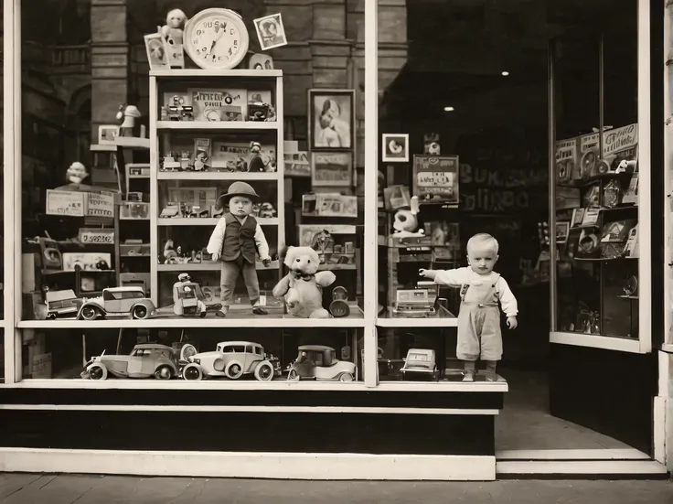 old black and white photograph from the 1930s., published by the museum of historical photography in 1930., (toy store window), ...