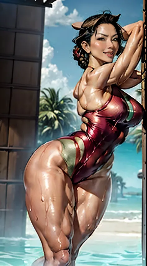 ((tmasterpiece,Best quality)),k hd,[[[[Complicated details]]]],Cinematic,realistically, Best quality,tmasterpiece,超高分辨率,(realistically:1.4)，(Sexy toned mom wearing very high-cut and high-waisted red micro one-piece swimsuit:1.5)，Twist braids，(Toned muscula...