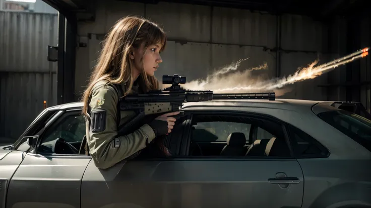 {{masterpiece, best quality, extremely detailed CG, unity 8k wallpaper, cinematic lighting, lens flare}}, a cyberpunk girl holding a rifle and leaning on a car, wide view, full body, thick body, long blond hair, green eyes, (holding weapon, holding rifle, ...