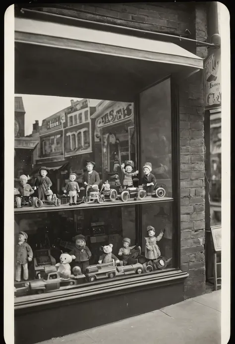 An old black-and-white photograph from the 1930s era, which captures (Toy Store Window Display), a showcase with toys in a toy store behind glass, the text "TOY STORE", Zeiss Ikon Ikonta 520/2, type 130 film, frame size 60 x 90 mm, Tessar 4.5/105 mm, antiq...