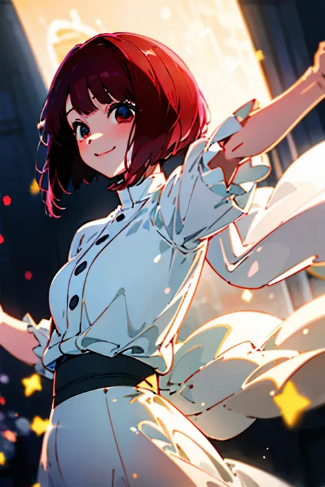 Arima Kana singing song in stage with a smile on her face close view to her face, perfect lighting, cinematic, perfect body, beautiful, beautiful