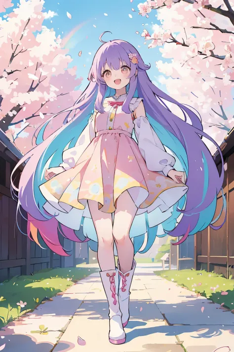 Stand in front of the photo、1girl in,Full body、Longhair-, rainbow color Hair,long boots,Open mouth and big smile、kawaii pose、Flowing iridescent silk、up of face、Eye Up、Colorcon with heart pattern、Floral dress、There are flowers even in front of you、Cherry bl...