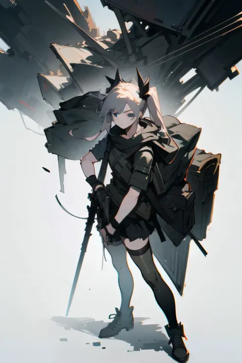 close-up of a man holding a gun and backpack, 2d concept art, two-dimensional non-pleated skirt，full body modern military equipm...