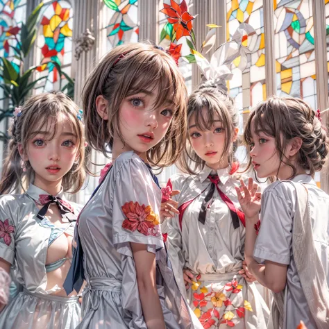 (White and Red, Acutance:0.8), Masterpiece, (physically-based rendering with ultra-detailed, (realistic and (photorealistic:1.37) with touch of rawness)). A group of KAWAII girls in opened school uniform without brassiere . ((extremely detailed KAWAII face...