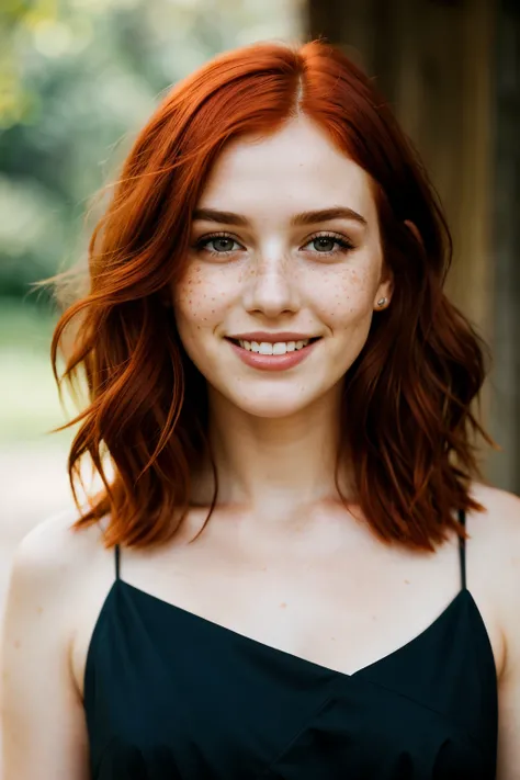 A beautiful lady , red hair, slight freckles, big smile , dark makeup , hyperdetailed photography, soft light , head and shoulders portrait , cover