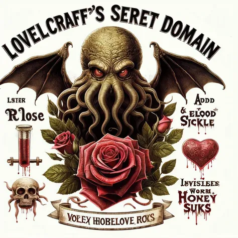 there  a poster with a picture of a giant squid and roses, where lovecraftian horrors roam, lovecraftian, lovecraftian background, subtle lovecraftian vibes, lovecraftian horror, lovecraftian horror!, love craftian, lovecraftian style, lovecraftian inspira...