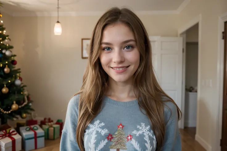 Girl with Blonde Hairs and Blue eyes, small nose, christmas pullover, christmas tree, presents, smile, evening