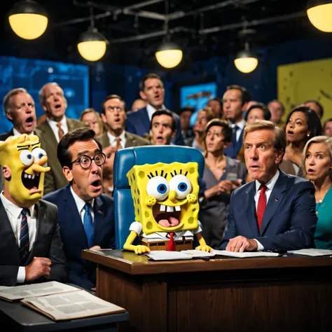 Visualize SpongeBob as a news announcer、Create tense scenes where your character is given a key role as a broadcaster reading a script。. There&#39;s someone watching you behind your back